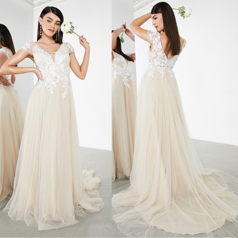 NWT ASOS Bridal Josie Mesh Wedding Dress w/ Embroidered Bodice & Cap Sleeve (6)